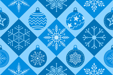 Christmas seamless pattern. Snowflakes,  Christmas ball and ornaments background design for decoration on Christmas card, banner, wrapping, wallpaper, textile, fashion.