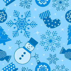 Christmas seamless pattern. Snowflakes,  Christmas ball and ornaments background design for decoration on Christmas card, banner, wrapping, wallpaper, textile, fashion.