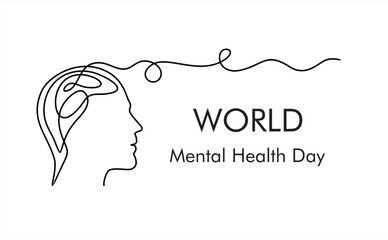 Continuous stylized modern drawing of a human head and brain. World Mental Health day is observed every year on October 10, A mental illness is a health problem	
