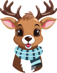 Fototapeta premium Cute Cartoon Reindeer Wearing Blue Checkered Scarf Vector Illustration.