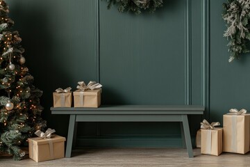 Grey bench and gift boxes under Christmas tree near green wall with generative ai