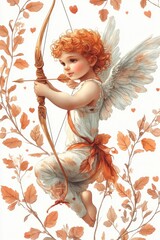 Fototapeta premium Cherubic child with curly hair as a winged angel holding a golden bow amidst autumn leaves and hearts.