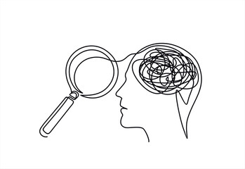 Continuous one line drawing of magnifying glass and confused feelings and thoughts in head. Psychology concept. Looking for mental health problem. Vector illustration mental pressure treatment.