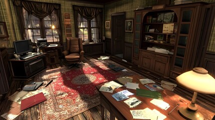 Obraz premium A warm and welcoming home office space featuring a comfortable chair clean desk and soft ambient lighting creating an ideal environment for focused work or relaxation