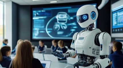 Fototapeta premium A robotic teacher giving a lecture in a futuristic classroom, modern educational environment with digital displays and engaged students, Educational Robotics style