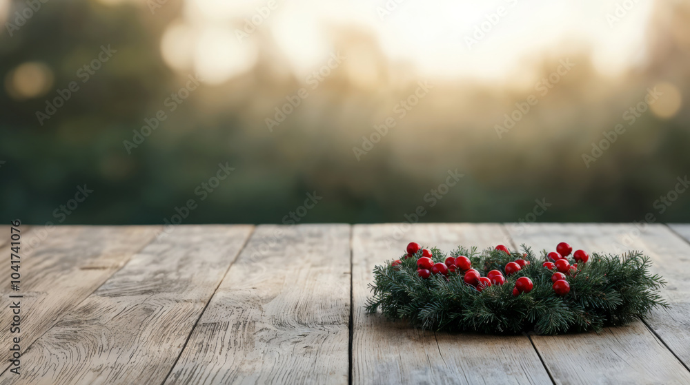 Poster christmas wreath with red berries lying on a wooden table background with a blurred nature backgroun