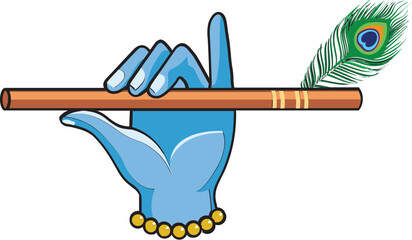 Illustration of Lord Krishna Hand Holding Flute with Peacock Feather for Happy Janmashtami or Govardhan Puja.