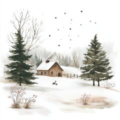 Watercolor winter scene set against a white backdrop, capturing the serene holiday atmosphere. Christmas illustration.