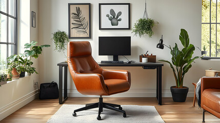 Modern Home Office Design with Leather Chair and Plants