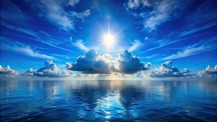 Blue ocean panorama with sun reflection, black blue sky, haunted cloud, scary ocean depression background, symmetrical