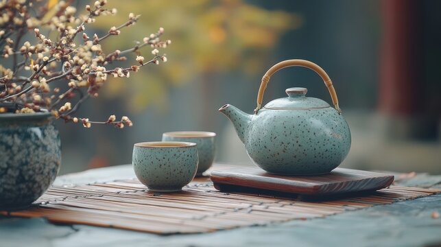 Traditional Japanese tea set with a teapot and cups, arranged on a bamboo mat