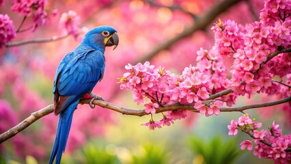 Fototapeta premium Blue parrot perched on tree branch with pink flowers in background