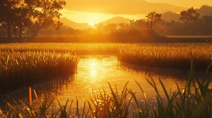 Serene Sunset Over Tranquil Rice Fields