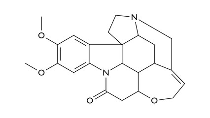 brucine molecule, structural chemical formula, ball-and-stick model, isolated image alkaloid