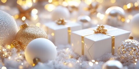 Christmas gifts in white and gold, beautifully presented in a 3D style, offering a luxurious and festive look perfect for holiday visuals and design projects.