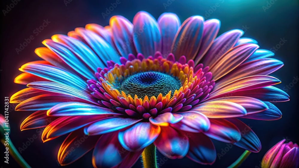 Poster a vibrant pink and blue flower with a yellow center, illuminated by colorful lights, creating a capt