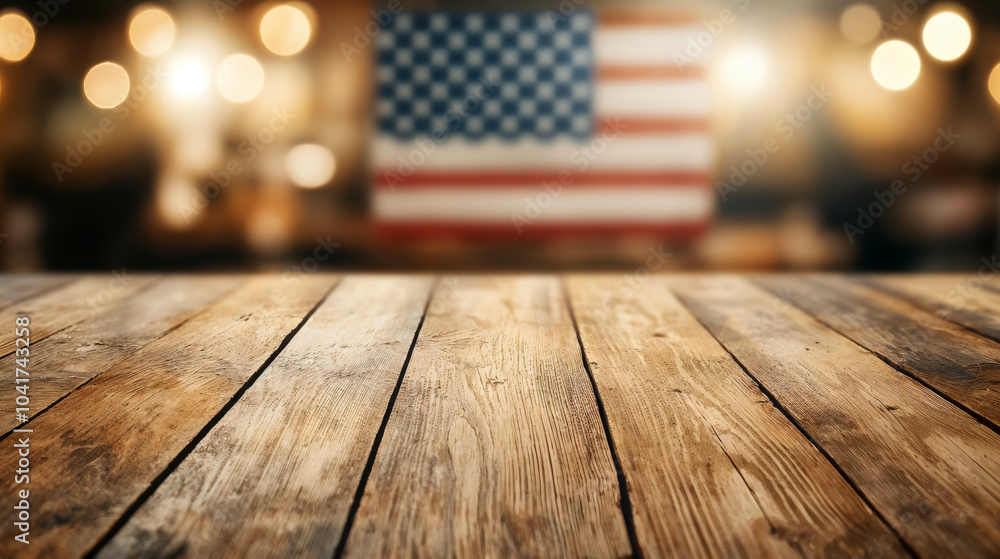 Poster Empty wooden table showing american flag background for a patriotic product display