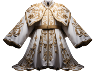 a white and gold robe with gold embroidery