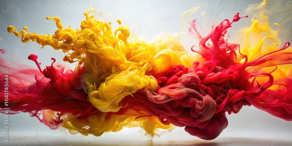Poster a vibrant abstract explosion of red and yellow ink swirling in water, creating a captivating spectac