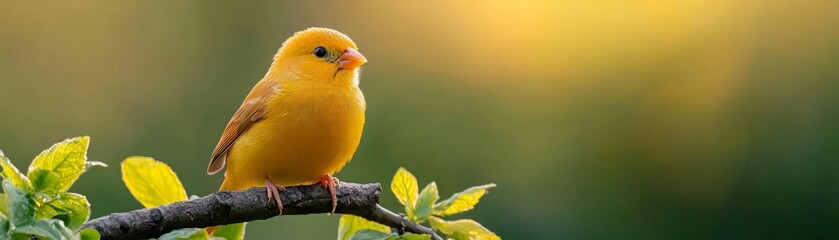 Obraz premium A vibrant yellow bird perched on a branch, surrounded by green foliage and a soft, colorful background.