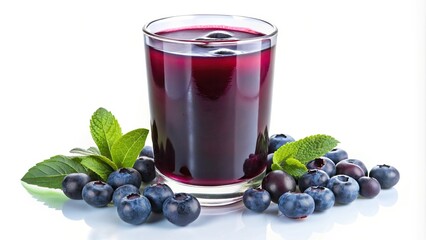 Blueberry juice isolated on white background at a tilted angle