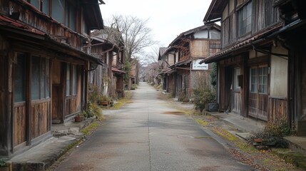 Obraz premium An empty street in a traditional Japanese village with wooden houses