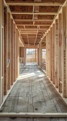 Unfinished new construction interior: Framed walls, visible roof structure, rough lumber, scattered planks, natural light, HVAC setup for future installations like dropped ceiling with AC vents.