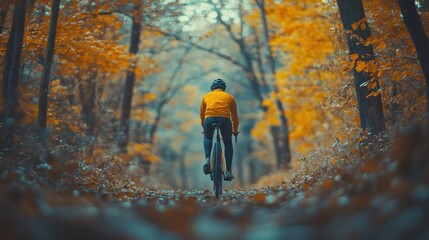 Obraz premium Man riding a bike down a path in the woods