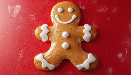 Naklejka premium A cheerful gingerbread cookie shaped like a person, decorated with icing and set against a vibrant red background.