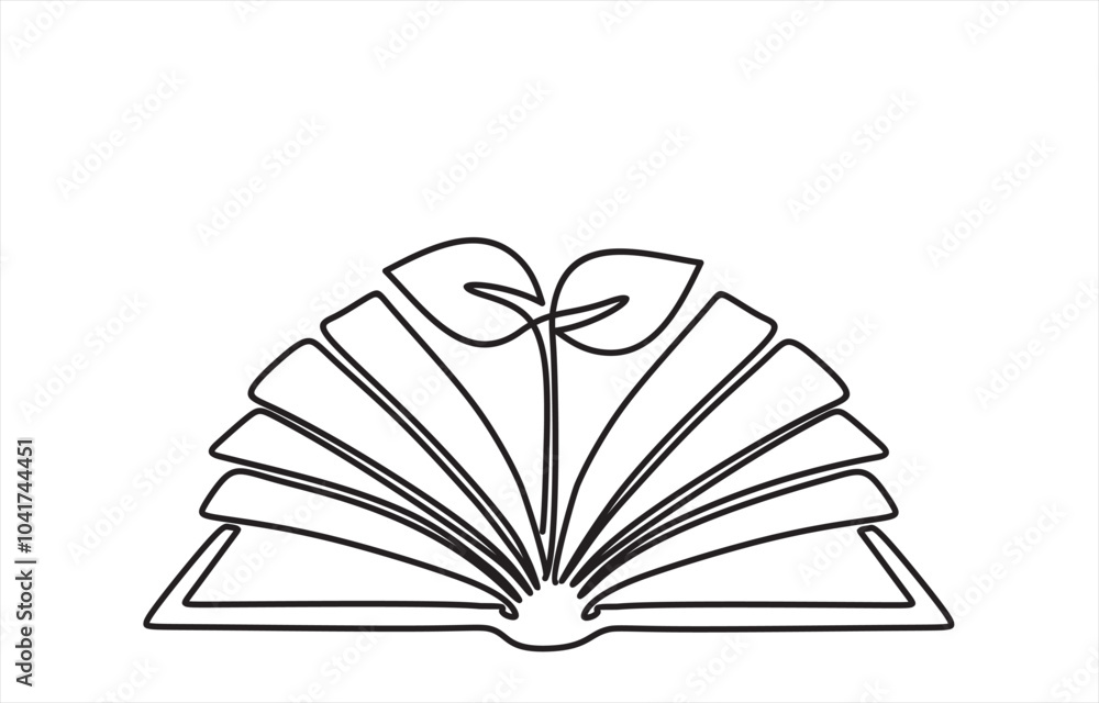 Poster opened book with sprout plant in one continuous line drawing . education study and knowledge concept