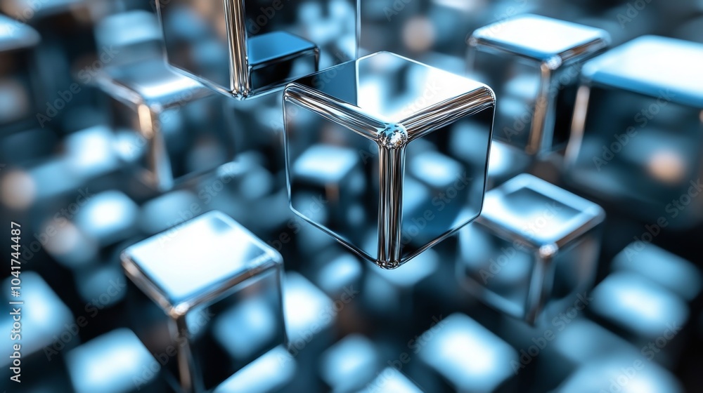 Poster Metallic cubes float within a reflective digital environment, showcasing their shiny surfaces under dim lighting, creating an ethereal and modern atmosphere.