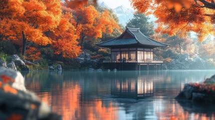 Japanese tea house overlooking a tranquil pond surrounded by autumn foliage