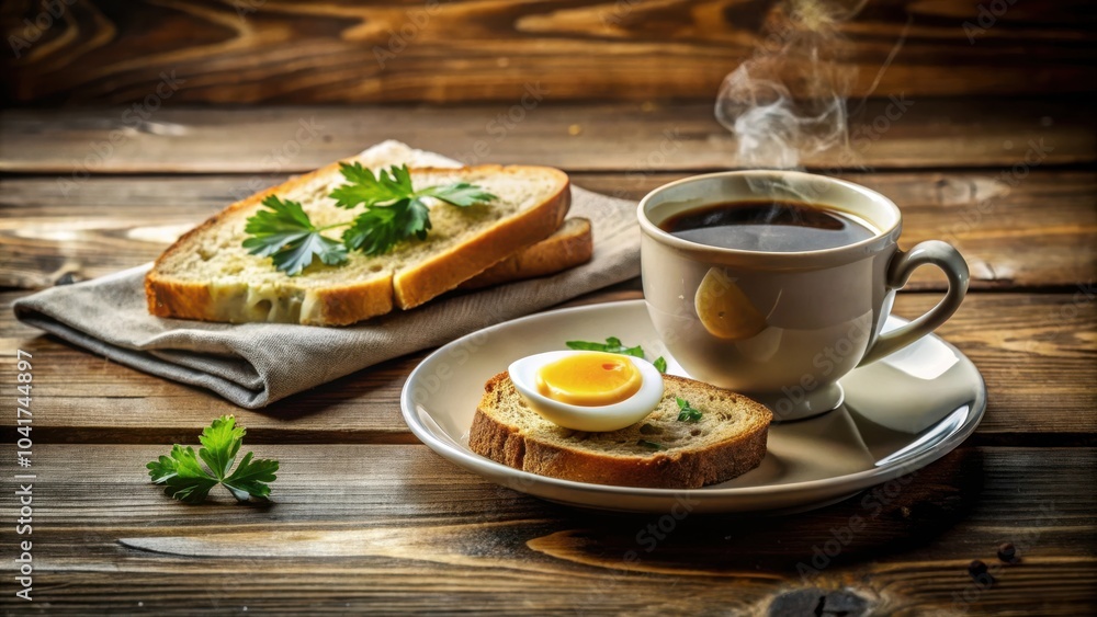 Poster a simple breakfast of toast, coffee, and a boiled egg on a rustic wooden table