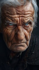 Close-up photo of elderly person in dark attire with wrinkles and blue eyes. Serious expression, somber mood, looking at camera.