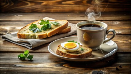 A Simple Breakfast of Toast, Coffee, and a Boiled Egg on a Rustic Wooden Table