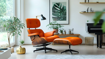 Modern Living Room Interior Design with Orange Chair and Ottoman