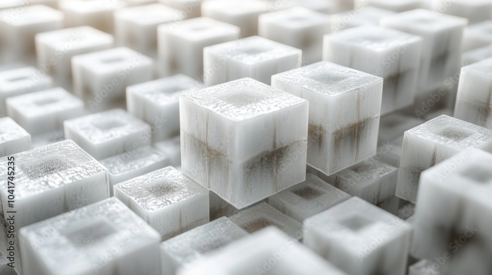 Aufkleber Translucent crystalline cubes are meticulously arranged on a surface, showcasing their geometric patterns and textures under soft lighting, creating an intriguing visual effect.