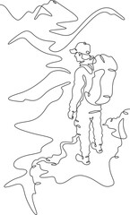 Continuous one line drawing tourist with a backpack in the mountains. Mountaineering. Rock climbing. High mountains. One continuous line isolated minimal vertical illustration.