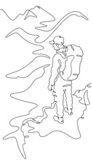 Continuous one line drawing tourist with a backpack in the mountains. Mountaineering. Rock climbing. High mountains. One continuous line isolated minimal vertical illustration.