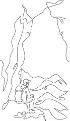 Continuous one line drawing tourist with a backpack in the mountains. Mountaineering. Rock climbing. High mountains. One continuous line isolated minimal vertical illustration.