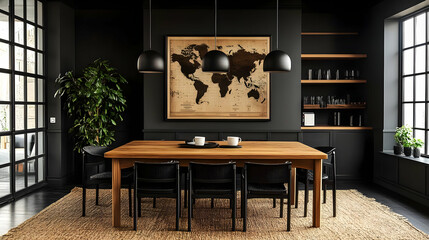 Modern Dining Room Decor with Black Walls, Wooden Table, and Jute Rug