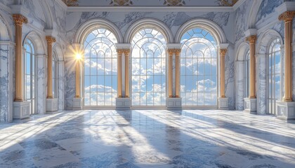 Fototapeta premium A grand, sunlit interior featuring marble walls and large arched windows, creating an elegant atmosphere.