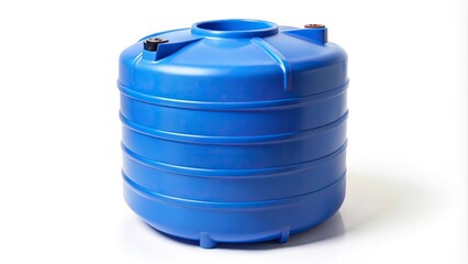 Blue plastic water storage tank on white background high angle view