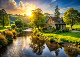 Fototapeta premium Aerial View of a Rustic House by a Serene Rural River Surrounded by Lush Greenery and Nature's Beauty