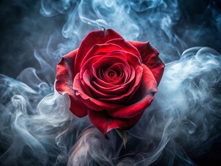 Aerial View of a Single Red Rose Surrounded by Fiery Smoke for Dramatic Floral Imagery