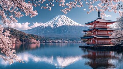 Obraz premium Mount Fuji with cherry blossom trees in Kawaguchi lake in Japan