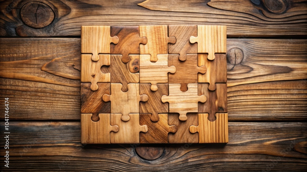 Poster A completed wooden jigsaw puzzle on a rustic wooden background, representing the concept of teamwork and problem-solving.