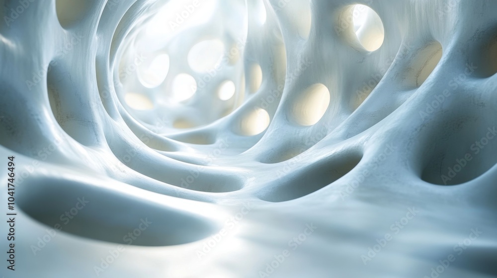 Poster A detailed exploration of a cellular structure reveals a network of interconnected pores, creating an ethereal, light-filled atmosphere.