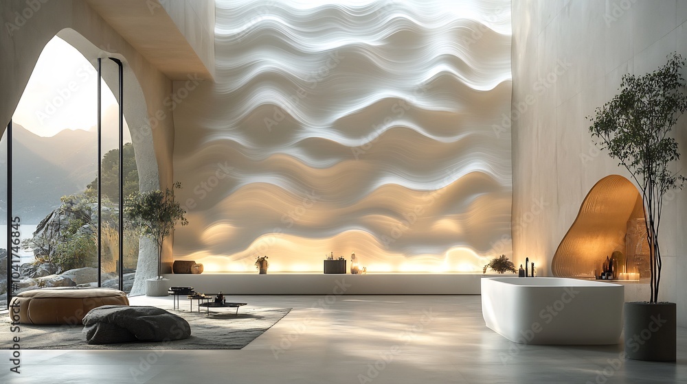 Poster white tech wall with organic fluid patterns and subtle light reflections resembling an advanced digi