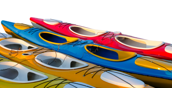 Colorful kayaks or canoes isolated. Boats tied up under the lock. Sunlight. Active recreation rental of watercraft. 